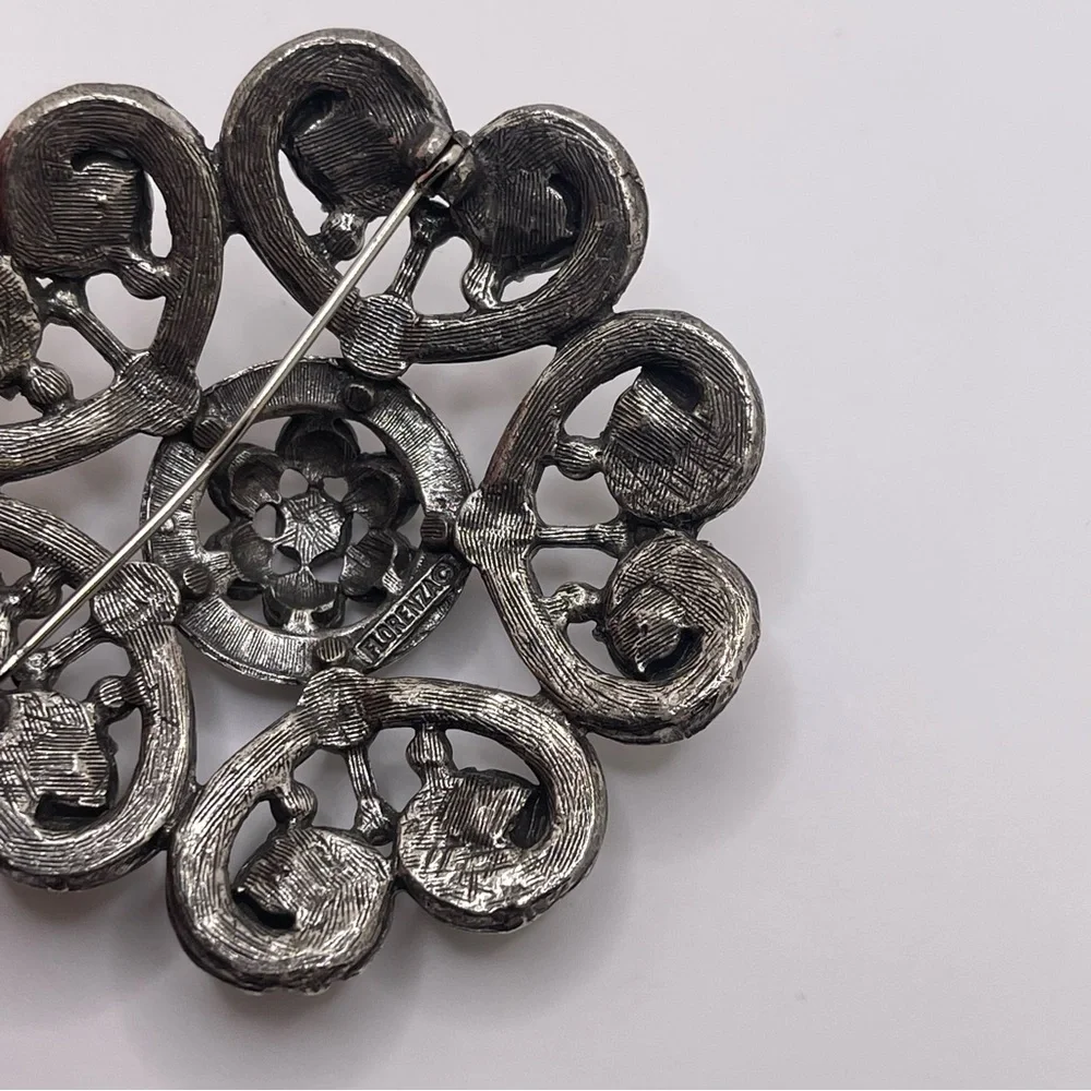 VTG Florenza Victorian Revival Ornate‎ Gunmetal Gothic Pin Brooch 1960s Rare